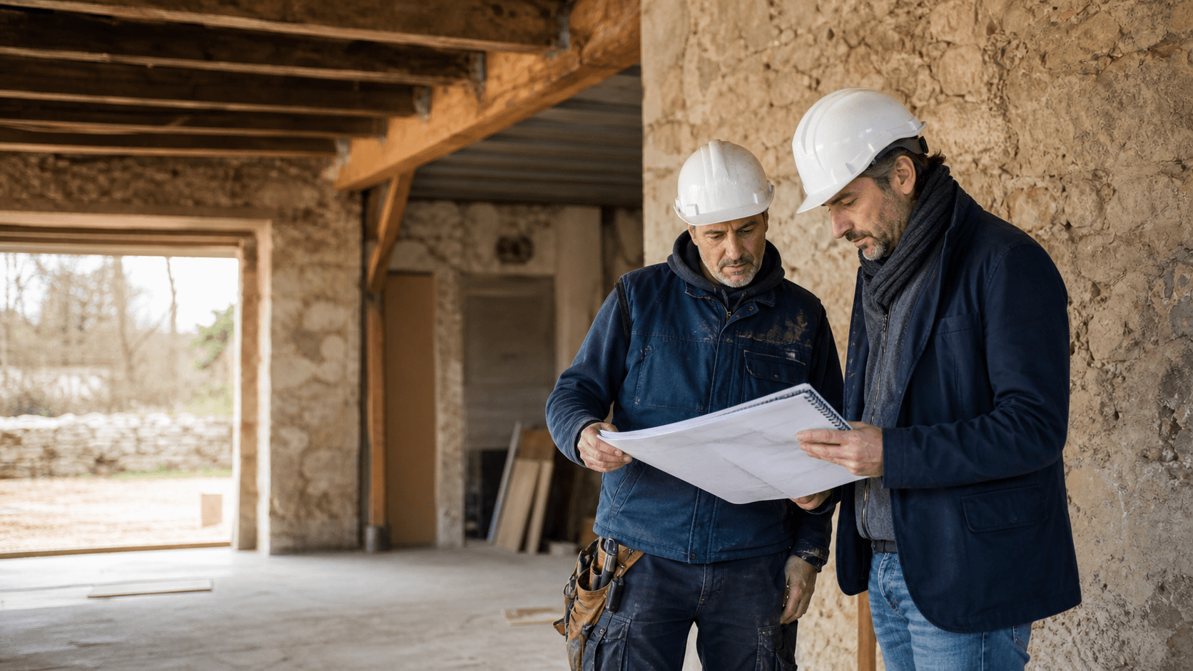 Professionnels du bâtiment échangeant autour de plans sur un chantier
