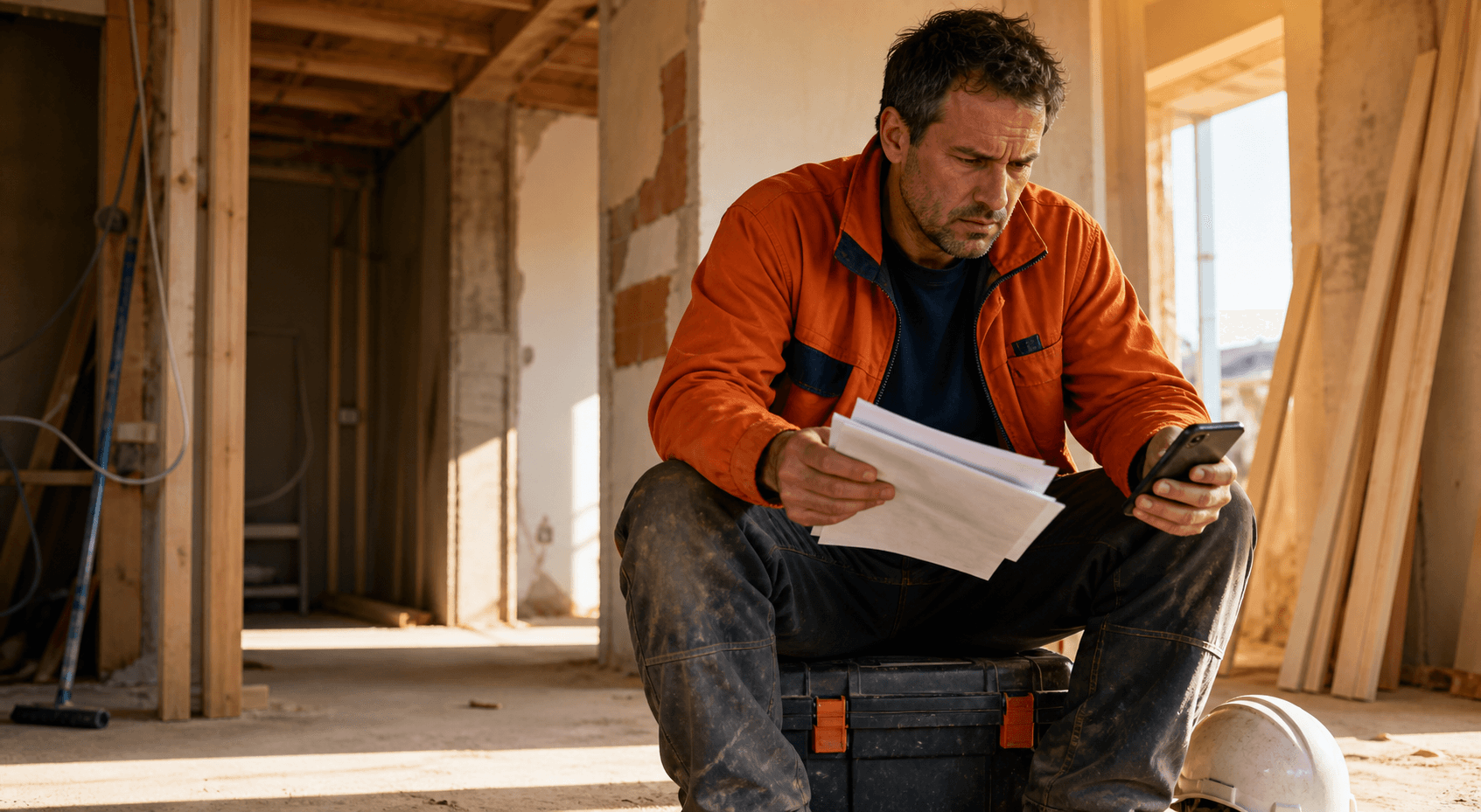 Artisan du bâtiment inquiet, assis sur sa caisse à outils avec des documents d’assurance et son téléphone